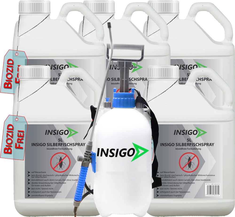 Mehrere Kanister mit INSIGO Silberfischspray-Etikett. Anhänger "BIOZID FREI". Sprüher mit blauem Griff.