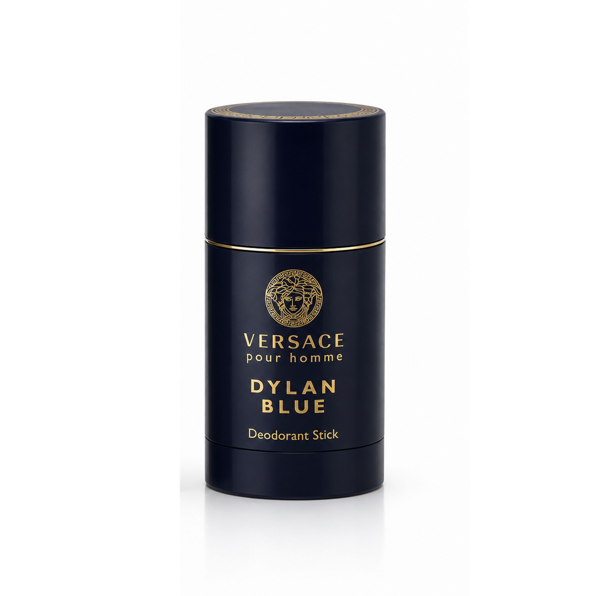 Versace Dylan Blue Pour Homme Deostick in dunkelblau mit goldenem Medusa-Logo und Schriftzug.