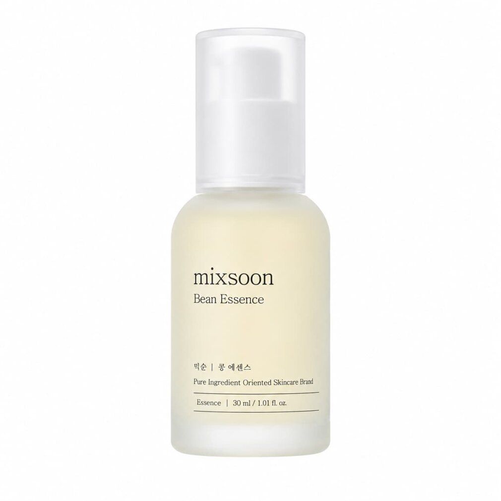 Mixsoon Bean Essence in einer matten Glasflasche mit weißem Pumpspender. Enthält 30 ml.