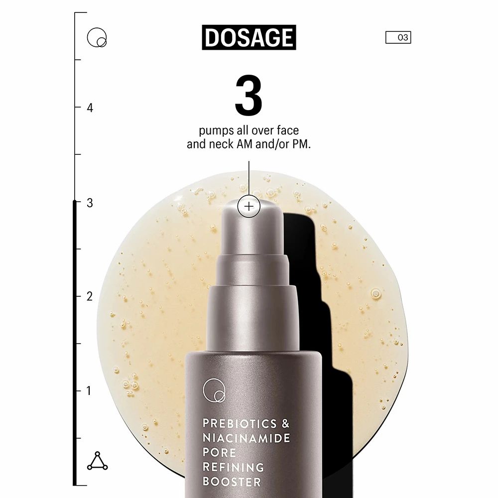 Flasche auf Flüssigkeitsoberfläche. Beschriftung: Prebiotics & Niacinamide Pore Refining Booster. Dosierung: 3 Pumpstöße für Gesicht.