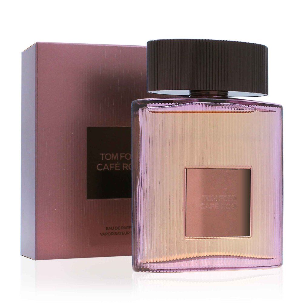 TOM FORD CAFE ROSE Flakon und Verpackung. Flakon mit braunem Deckel und rechteckigem Etikett. Verpackung in Rosa.