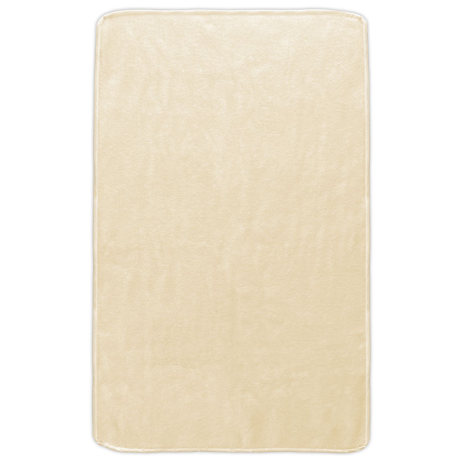 Rechteckige, beige Schurwolldecke. Weiche Textur, weißer Rand. Draufsicht.
