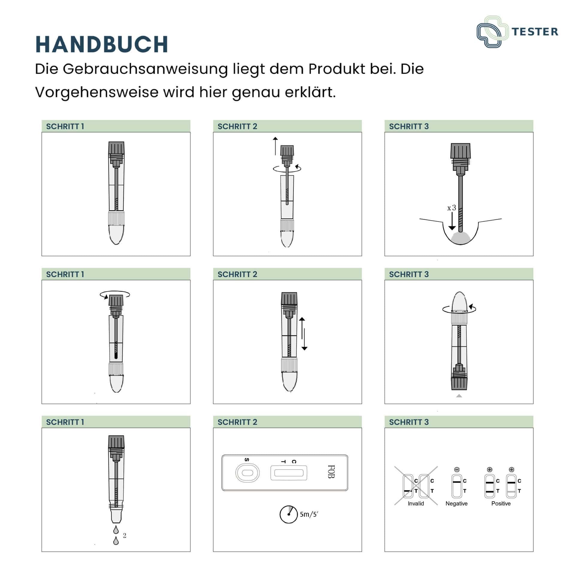 Anleitung für Darmkrebs-Selbsttest mit detaillierten Schritten.