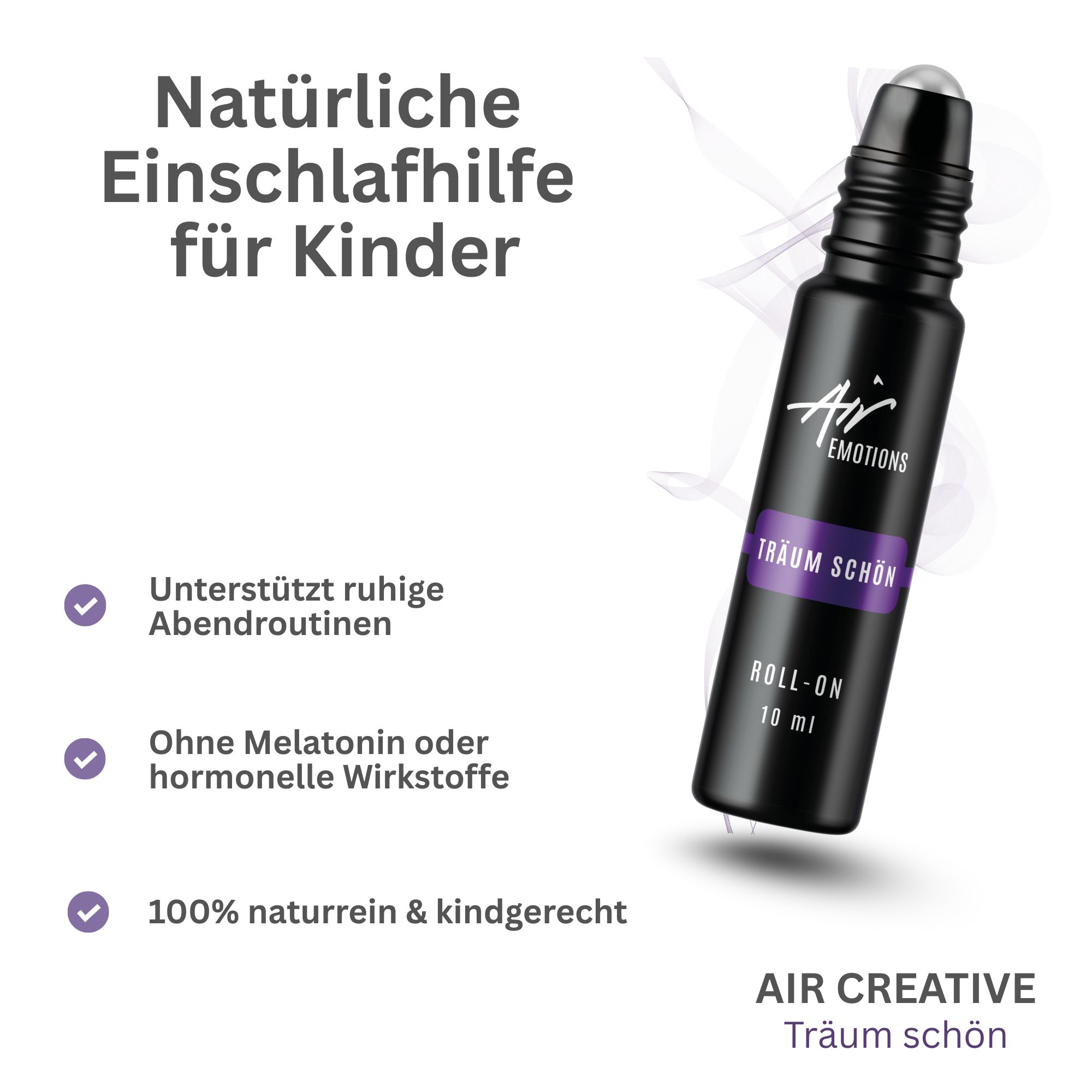 Schwarzer Roll-On mit Text: Air Emotions, Träum schön, Roll-On. Text: Natürliche Einschlafhilfe für Kinder. Produkt auf weißem Hintergrund.