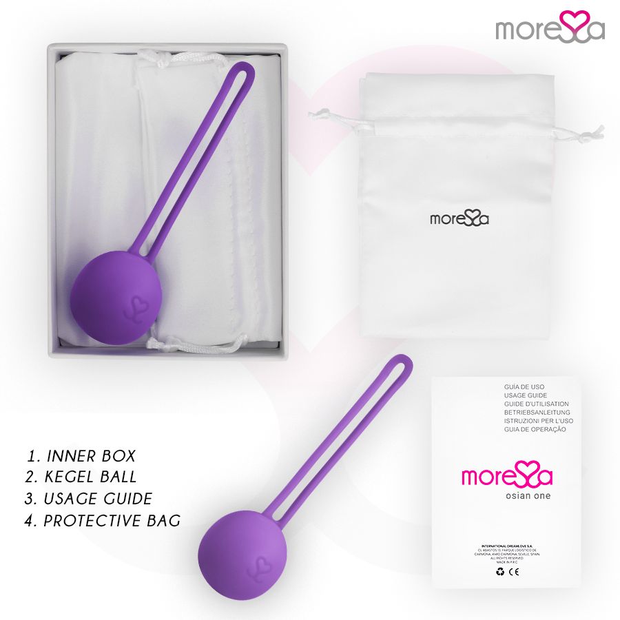 Produkt-Set mit lila Kegel-Trainingskugel, Schutzbeutel, Gebrauchsanweisung und Innenbox. Text: 1. INNER BOX, 2. KEGEL BALL, 3. USAGE GUIDE, 4. PROTECTIVE BAG.