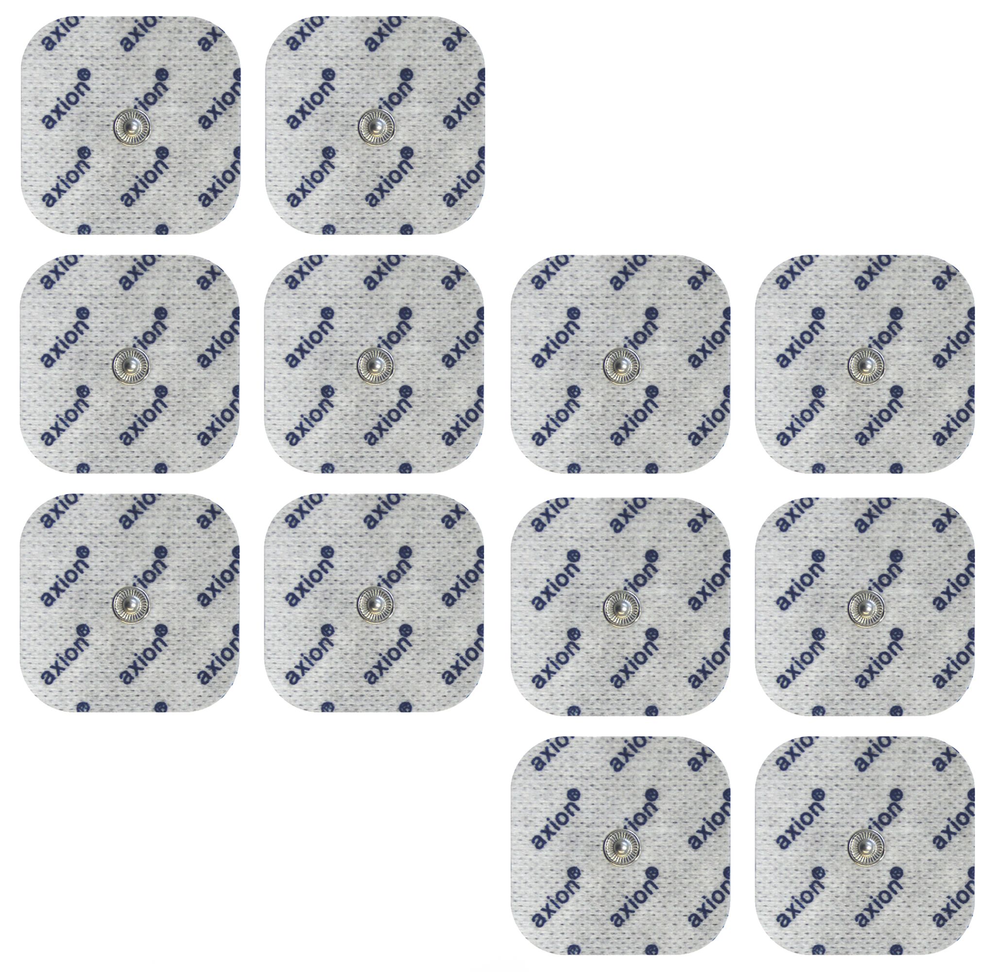 Mehrere quadratische Elektrodenpads mit Druckknopfanschluss. axion® Logo auf der Oberfläche. Anordnung: 4x4 Pads.