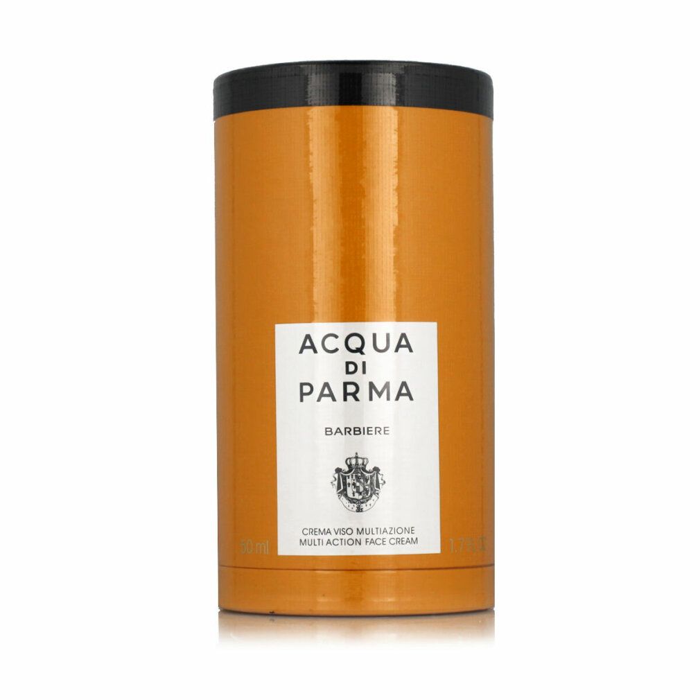 Zylindrische, orangefarbene Verpackung mit schwarzem Deckel. Aufkleber mit "Acqua di Parma" und Text. Produktname: Multi Action Face Cream.