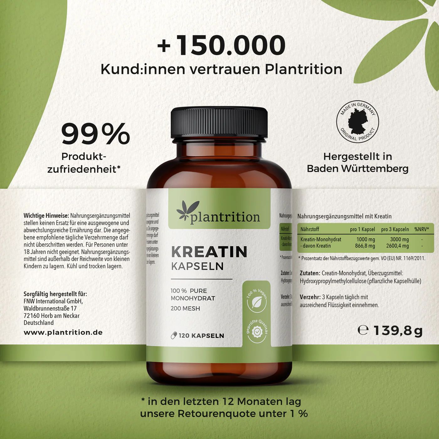 Braune Flasche mit schwarzem Deckel. Etikett mit Produktname und Siegel. 120 Kapseln. Text über Kundenzufriedenheit.