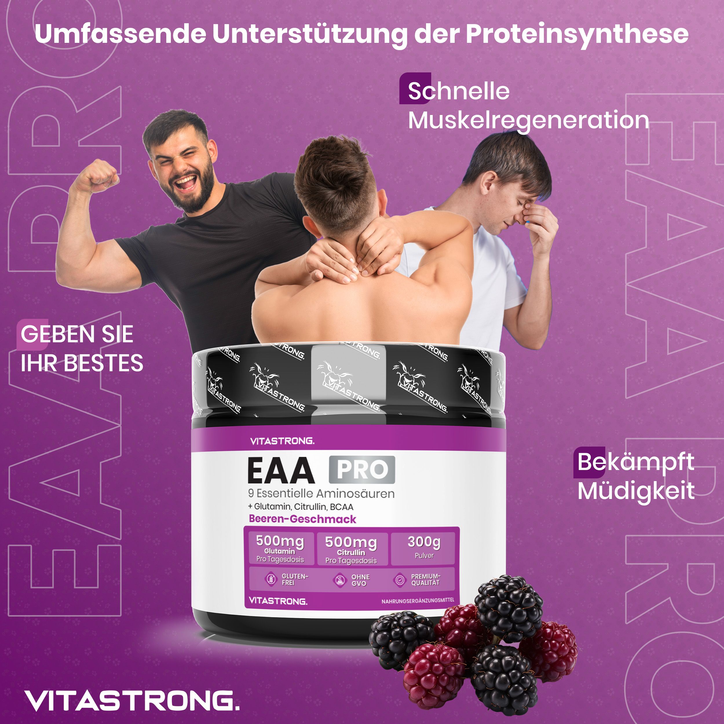 Vitastrong EAA Pro, Dose. 300g Pulver. 9 essentielle Aminosäuren. Beeren-Geschmack. Glutenfrei, ohne GMO. Mit BCAA.