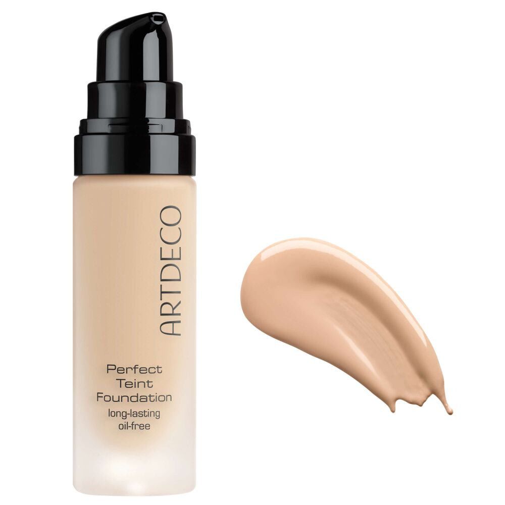 Artdeco Perfect Teint Foundation Flasche mit schwarzem Pumpverschluss und Farbklecks. Aufschrift: Perfect Teint Foundation, long-lasting oil-free.