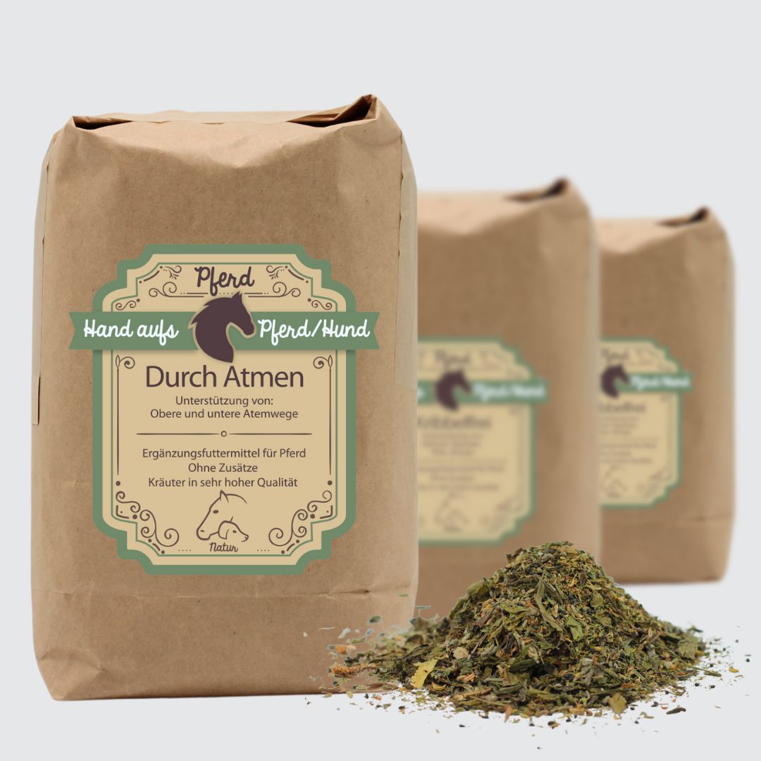 Drei braune Papiertüten mit Produktetikett und Kräutermischung. Text: Hand aufs Pferd/Hund, DurchAtmen, Kräuter in sehr hoher Qualität.