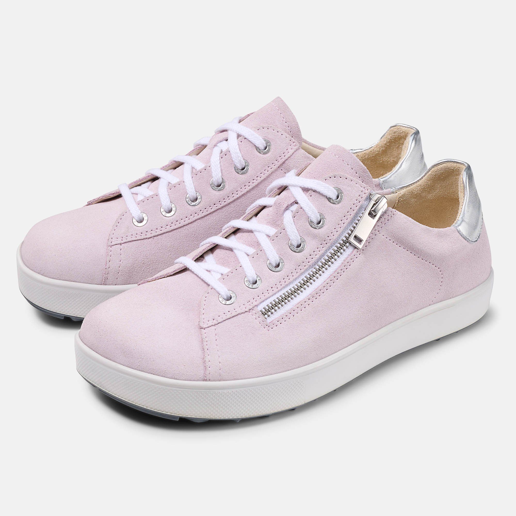 Rosa Schnürschuhe mit Reißverschluss und weißer Sohle. Silberfarbener Einsatz an der Ferse. Weiße Schnürsenkel.