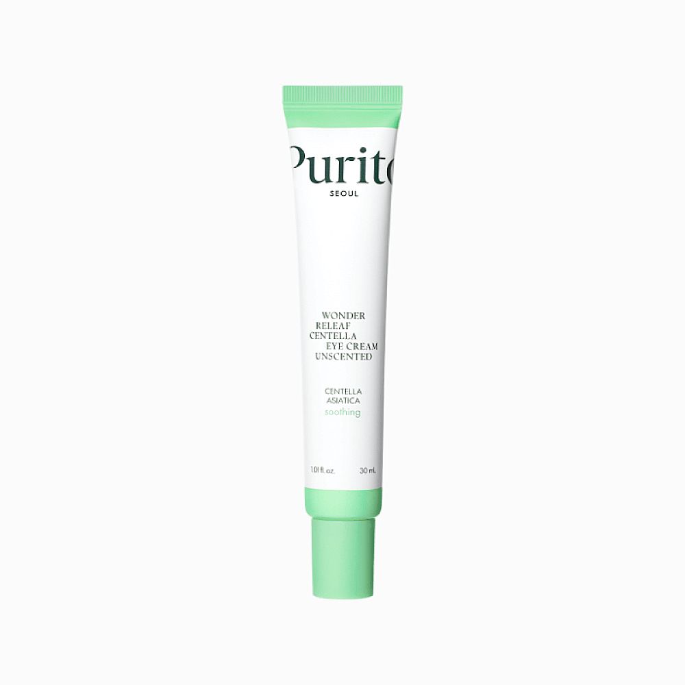 Nahaufnahme einer Tube Augencreme. 'Purito' und Produktname sind deutlich sichtbar. Weiße Tube mit grünen Akzenten.