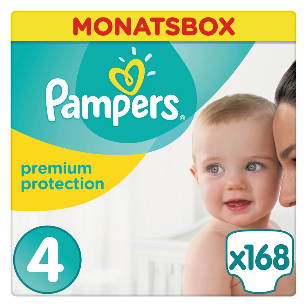 Pampers MonatsBox, Premium Protection, Größe 4, x168 Windeln. Verpackung mit Baby und Mutter.