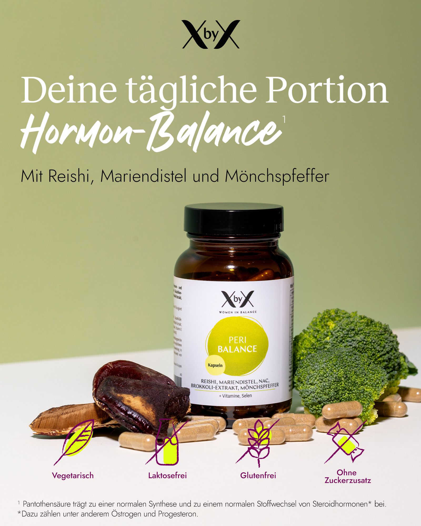 XbyX Peri Balance Flasche mit Zutaten wie Brokkoli, Datteln und Kapseln.