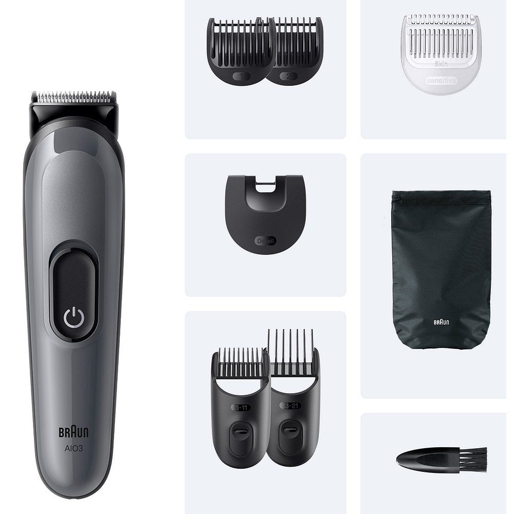 Braun Series 3 All-In-One Style Kit Trimmer mit 8 Aufsätzen, Ladebeutel und Reinigungsbürste.