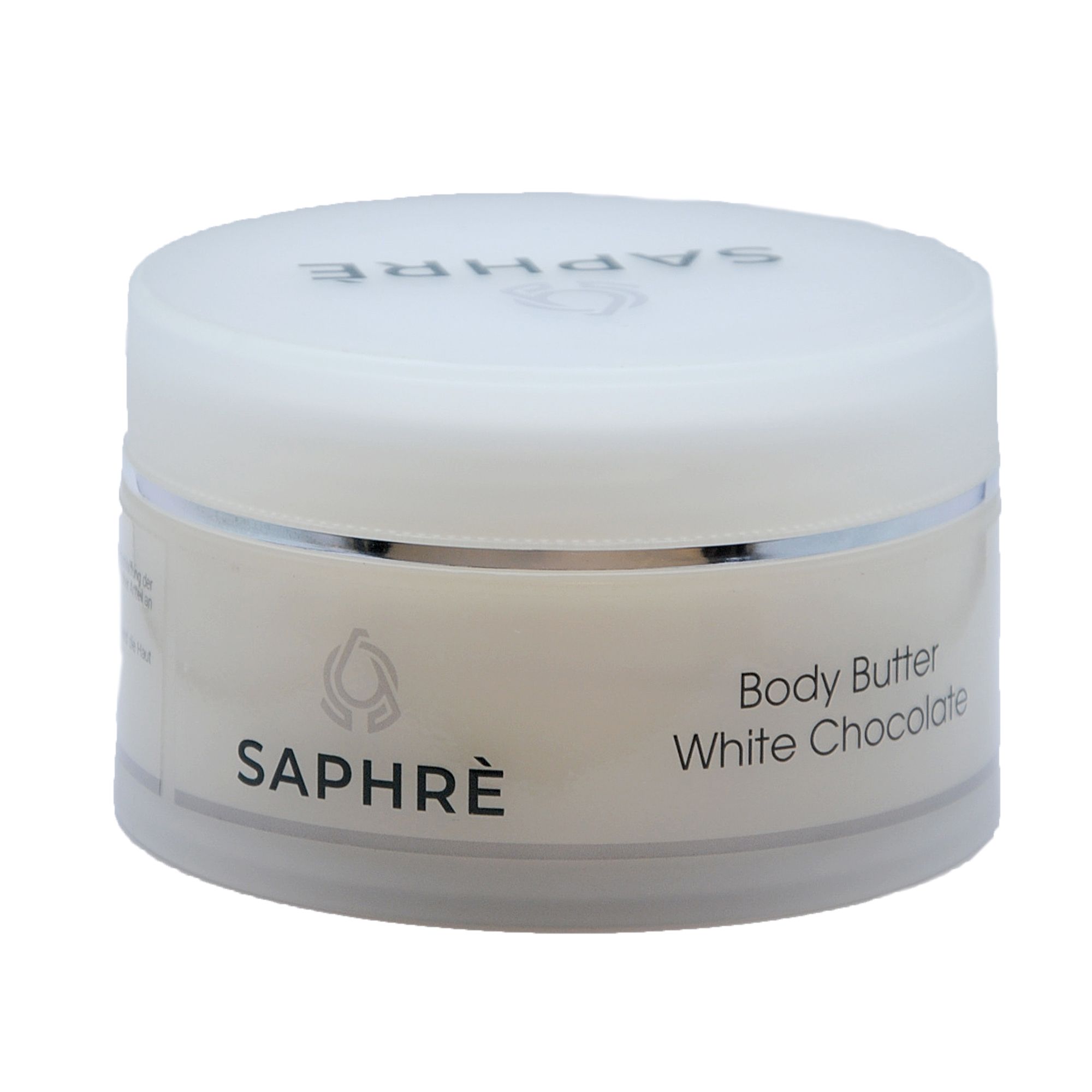 Weißer Tiegel mit Deckel. Aufschrift: Saphre, Body Butter White Chocolate.