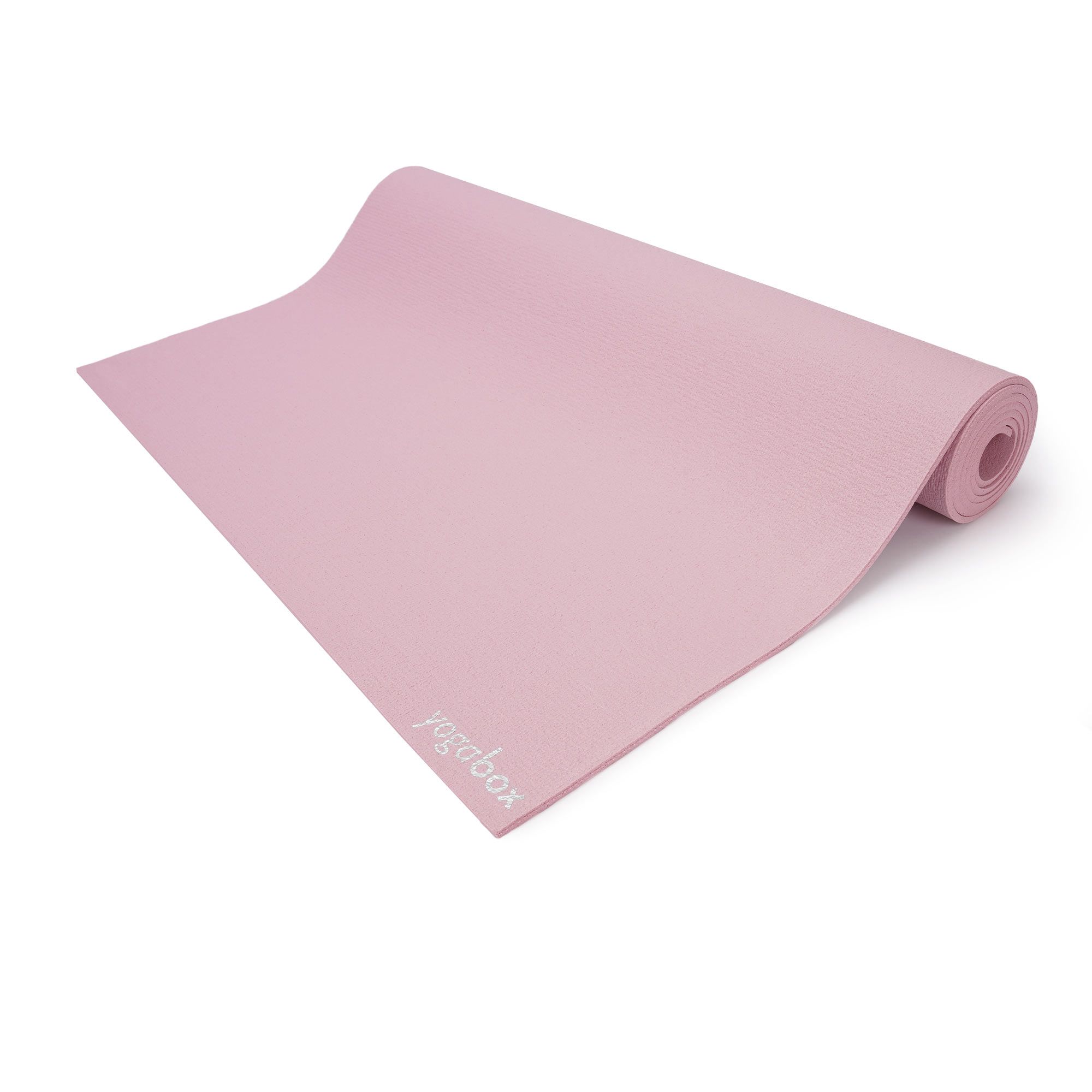 Rosa Yogamatte mit aufgedrucktem "yogabox" Logo, teilweise gerollt.
