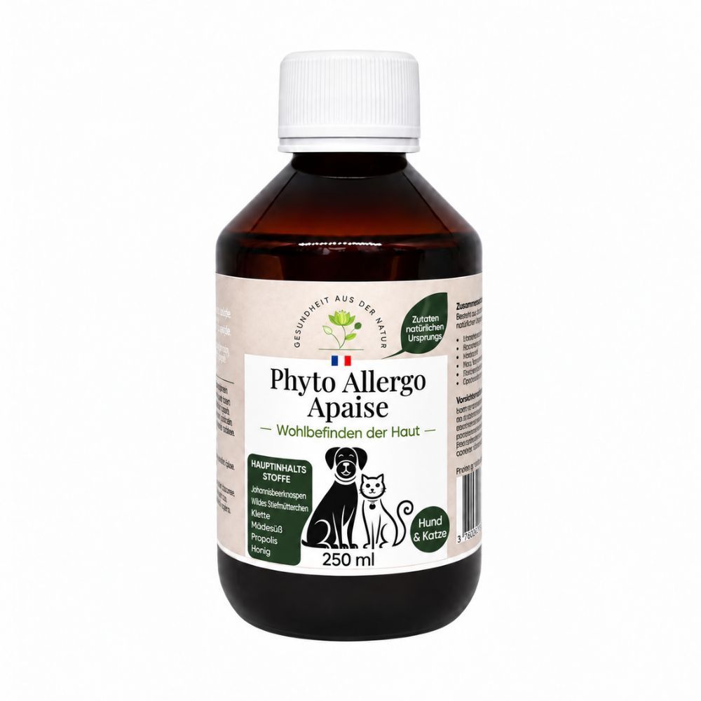 Braune Glasflasche mit Phyto Allergic Apaise für Hunde und Katzen, 250 ml. Etikett mit Hund- und Katzensilhouette.