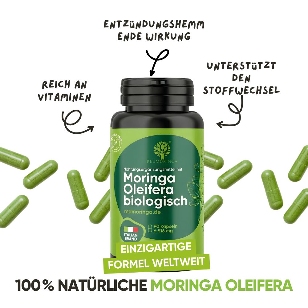 Flasche mit Kapseln und Text. Text: Moringa Oleifera biologisch. Grüne Kapseln liegen daneben. Pfeile.