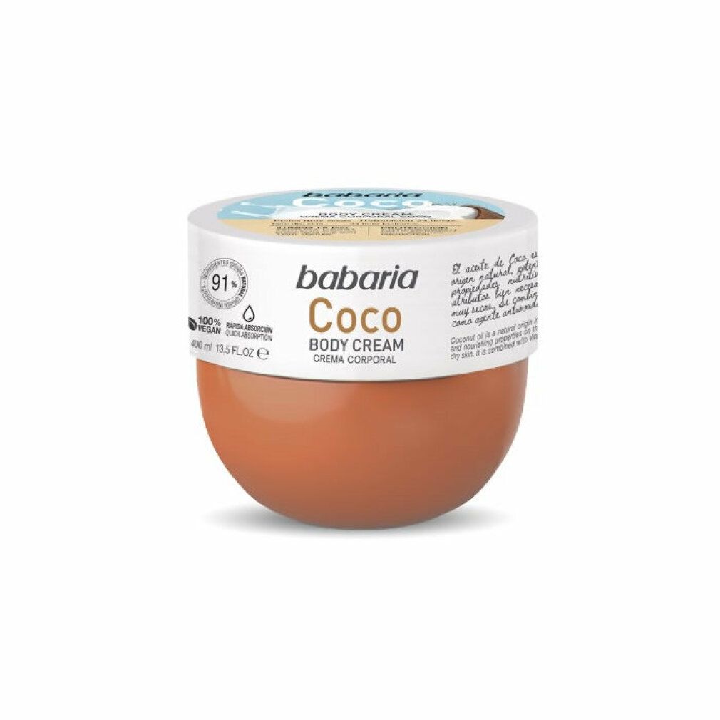 Creme-Dose mit Kokos-Motiv. Aufschrift: "Baboria Coco Body Cream".