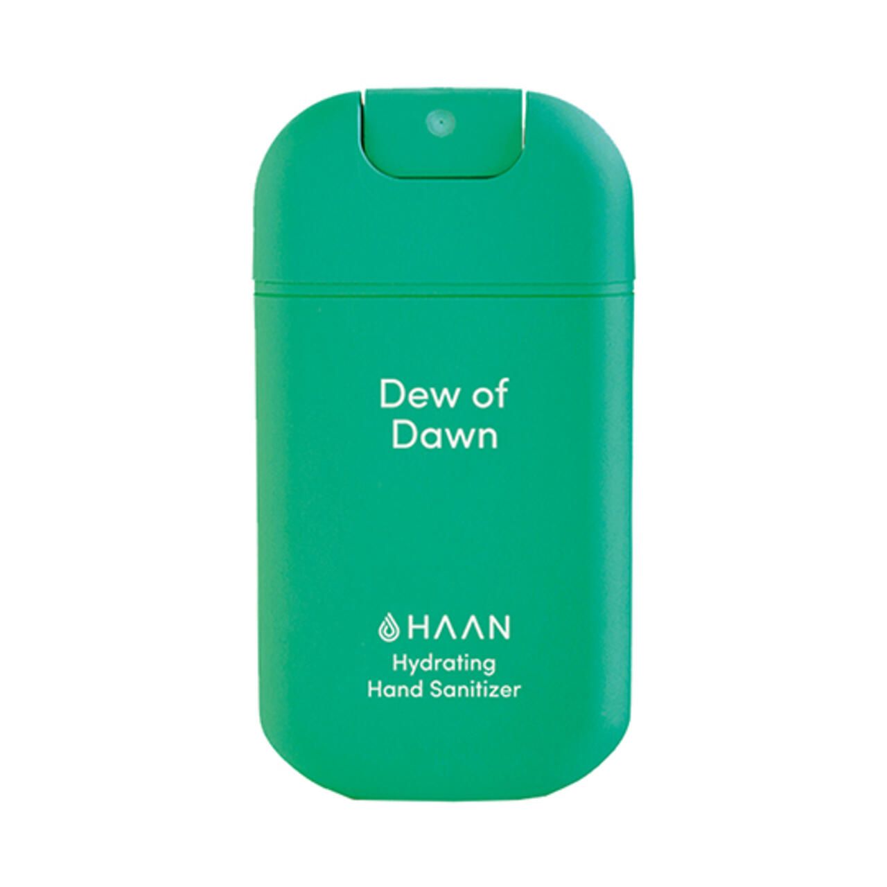 Grüner Handdesinfektionsmittel-Taschenzerstäuber. Oben steht "Dew of Dawn", darunter "HAAN Hydrating Hand Sanitizer".