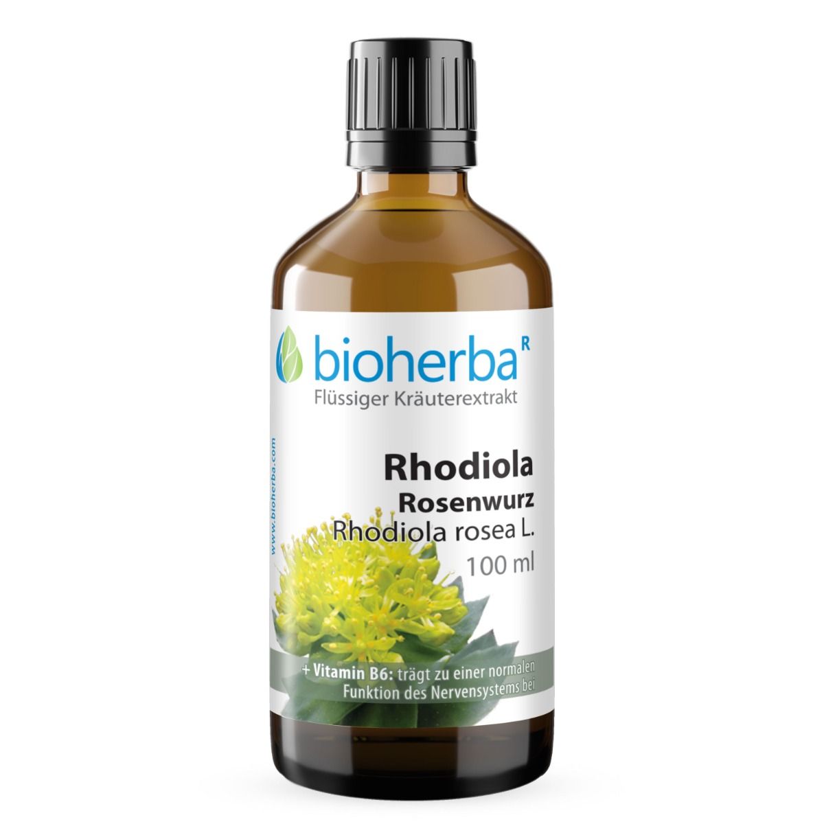 Braune Glasflasche mit schwarzem Deckel. Bioherba Rhodiola Rosenwurz, 100 ml. Mit Text über Vitamin B6.
