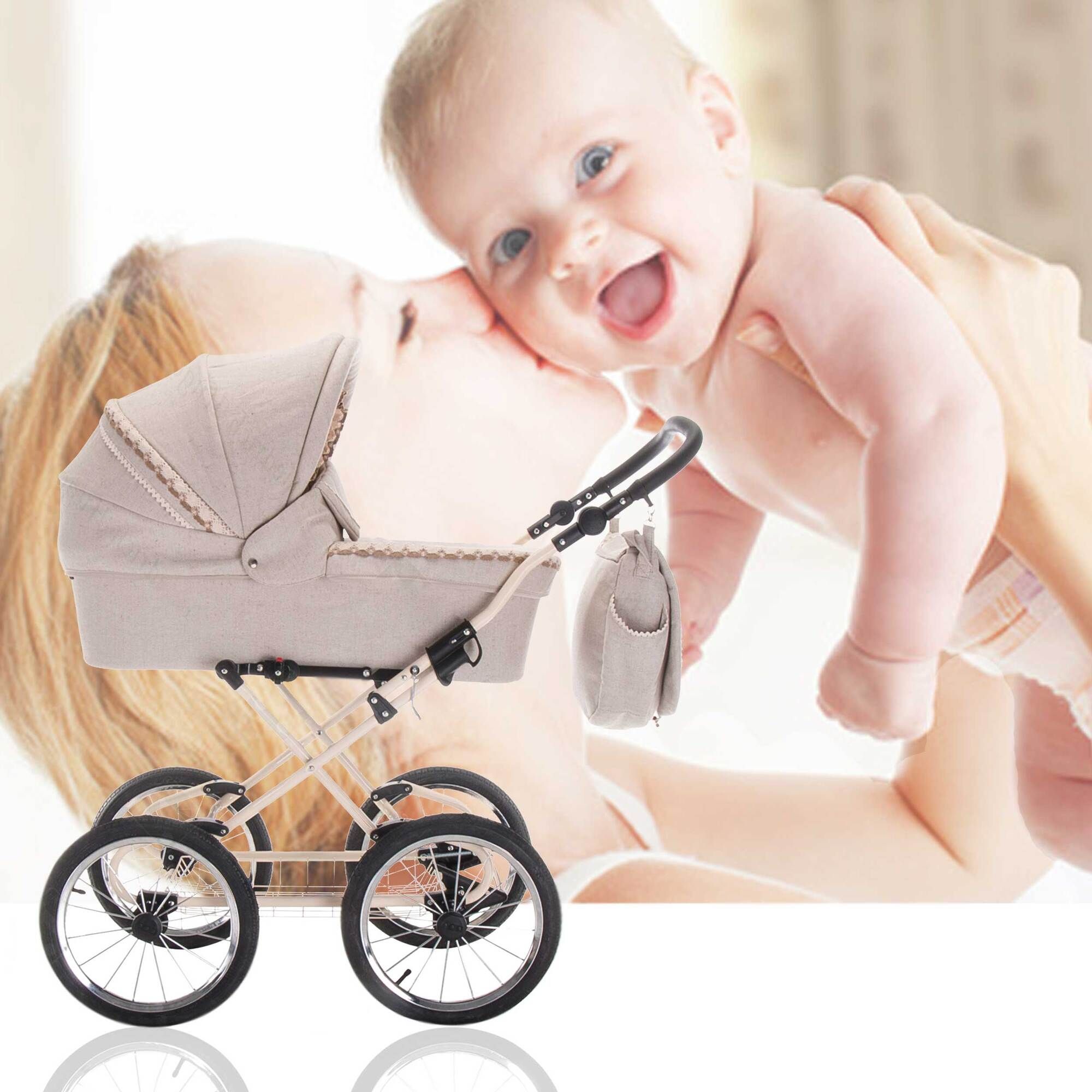 Friedrich Hugo Natureline 3 in 1 Kinderwagen Set Öko Nostalgie Kinderwagen, Hugo Creme