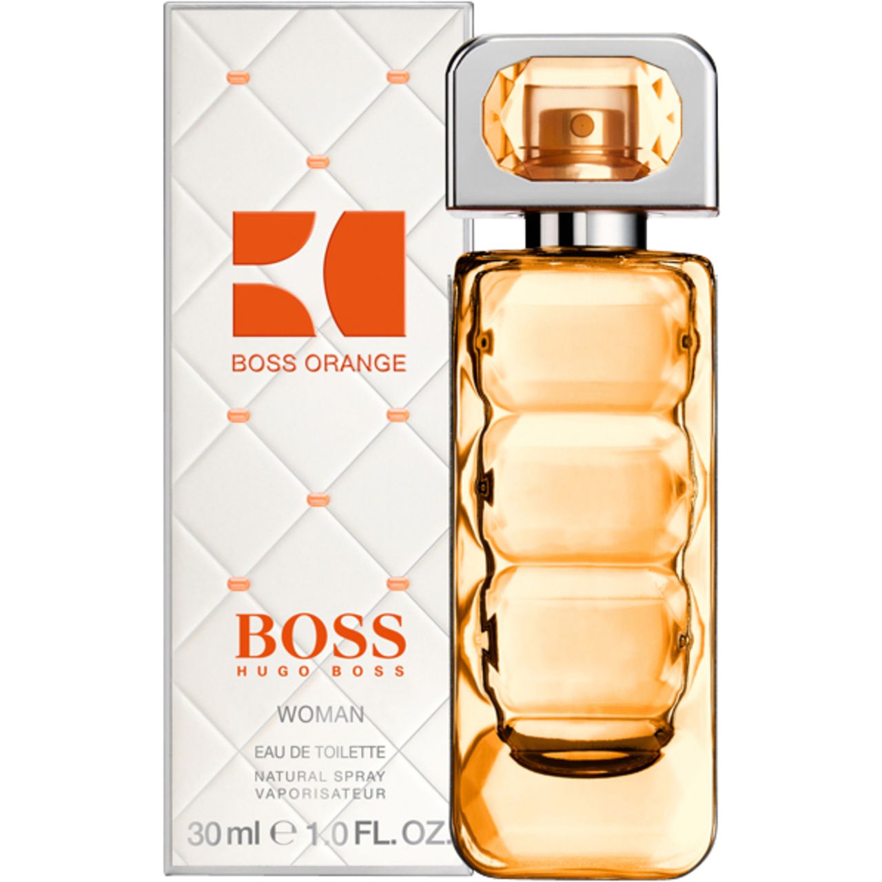 Boss Orange Woman E.d.T. Nat. Spray. Flakon und Verpackung. Orangefarbener Duft. Weißer Karton mit orangefarbenem Logo.