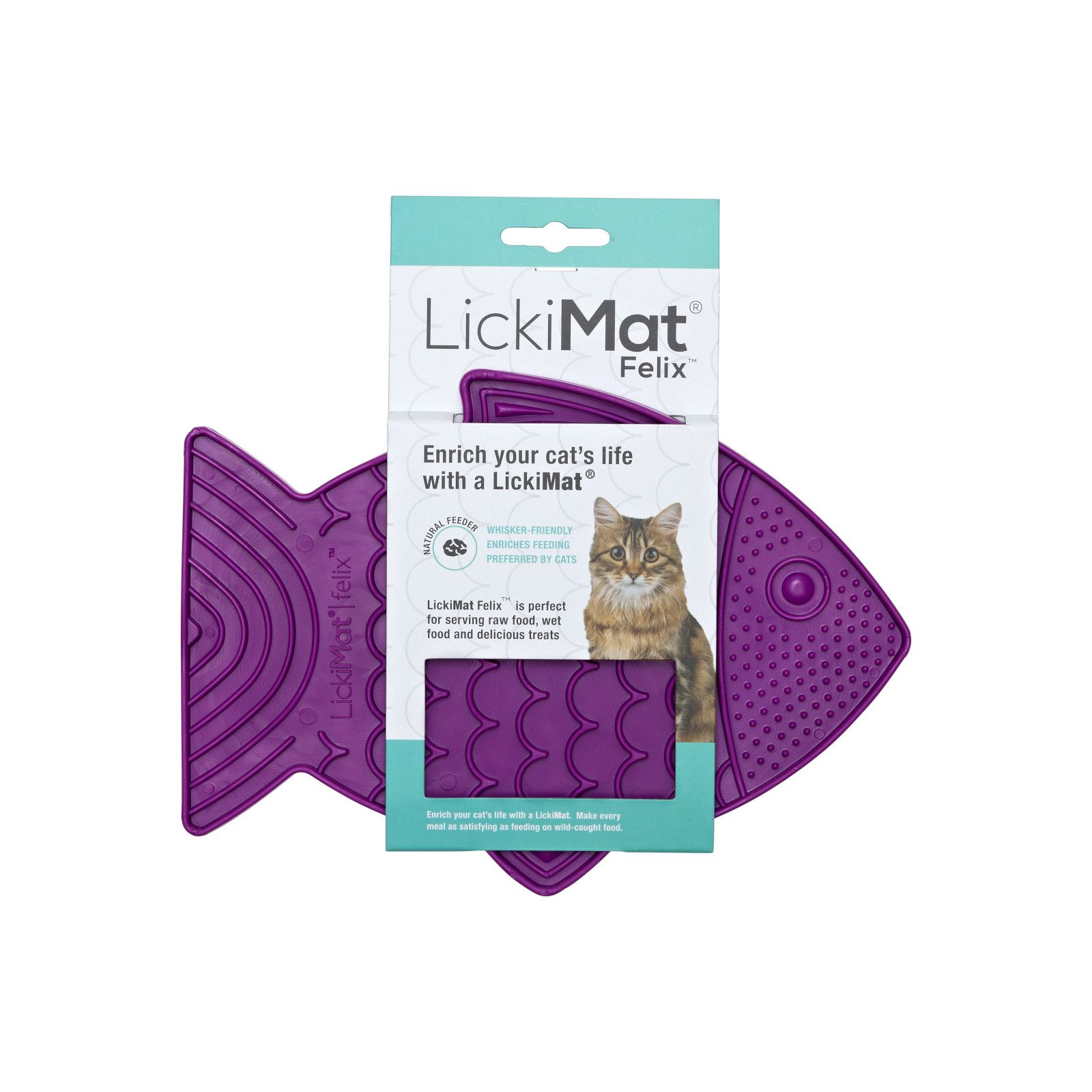 Lila Schleckmatte in Fischform mit Verpackung. Verpackung mit Produktname, Katze und Text. Naturgummi.