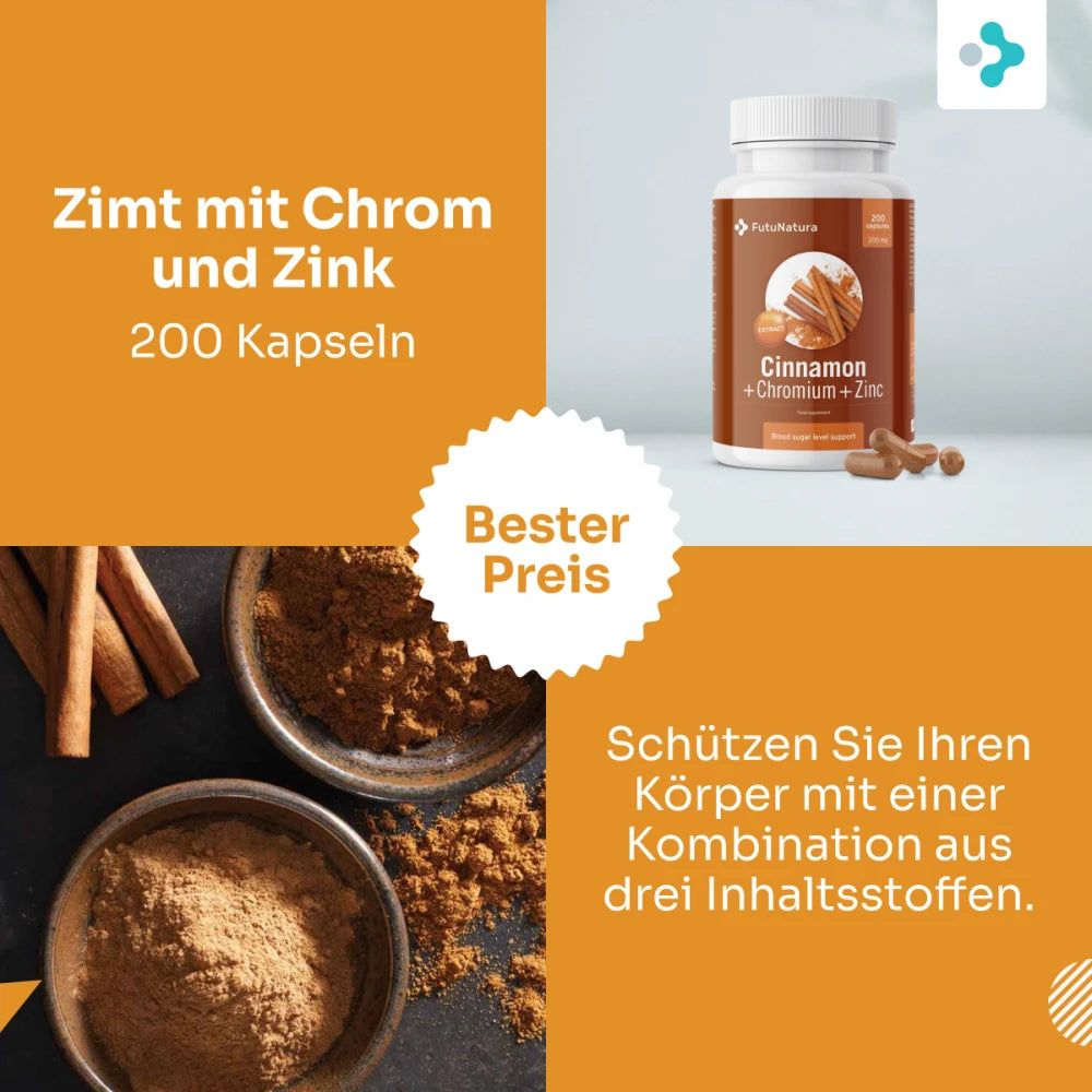 Flasche Zimt mit Chrom und Zink, Zimtstangen und Pulver. 200 Kapseln.