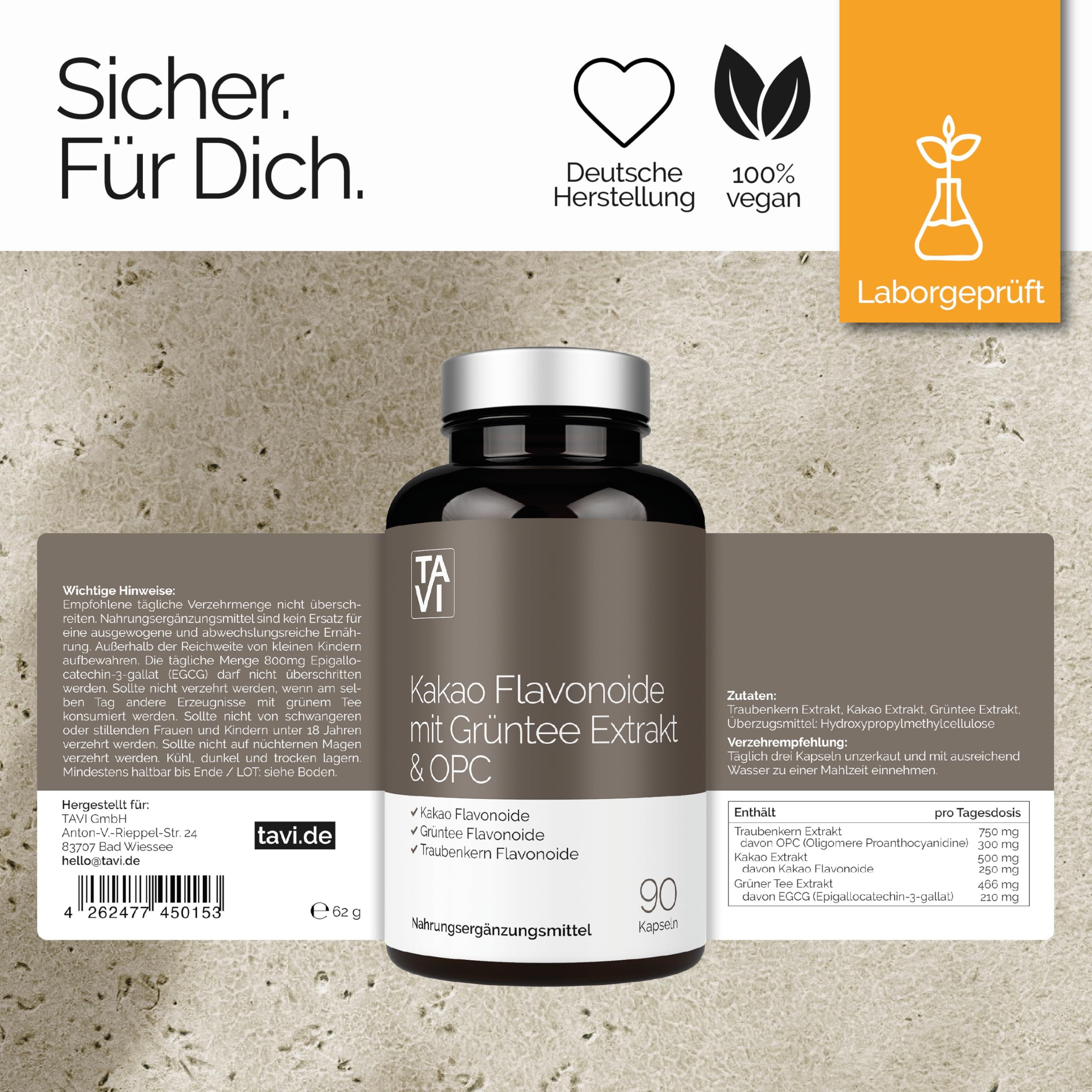 TAVI® Flavonoide Komplex Kapseln (Kakao-Flavanole, OPC Traubenkern, Grüntee EGCG)