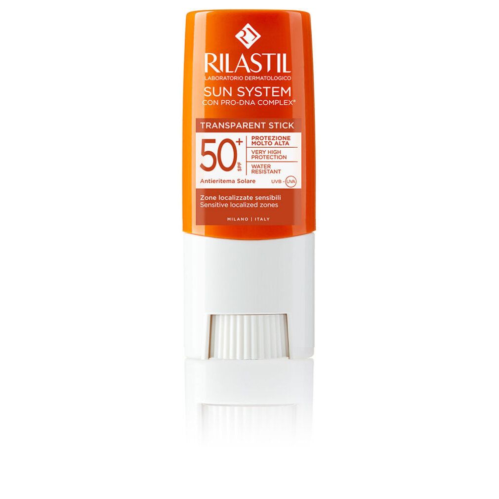 RILASTIL® Sun System Stick Transparent SPF 50+. Orange-weiße Tube. Text: Sun System, Transparent Stick, 50+.