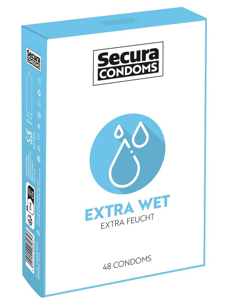 Kartonverpackung mit Secura Condoms Logo, Tropfensymbol und Aufschrift EXTRA WET. 48 Kondome.