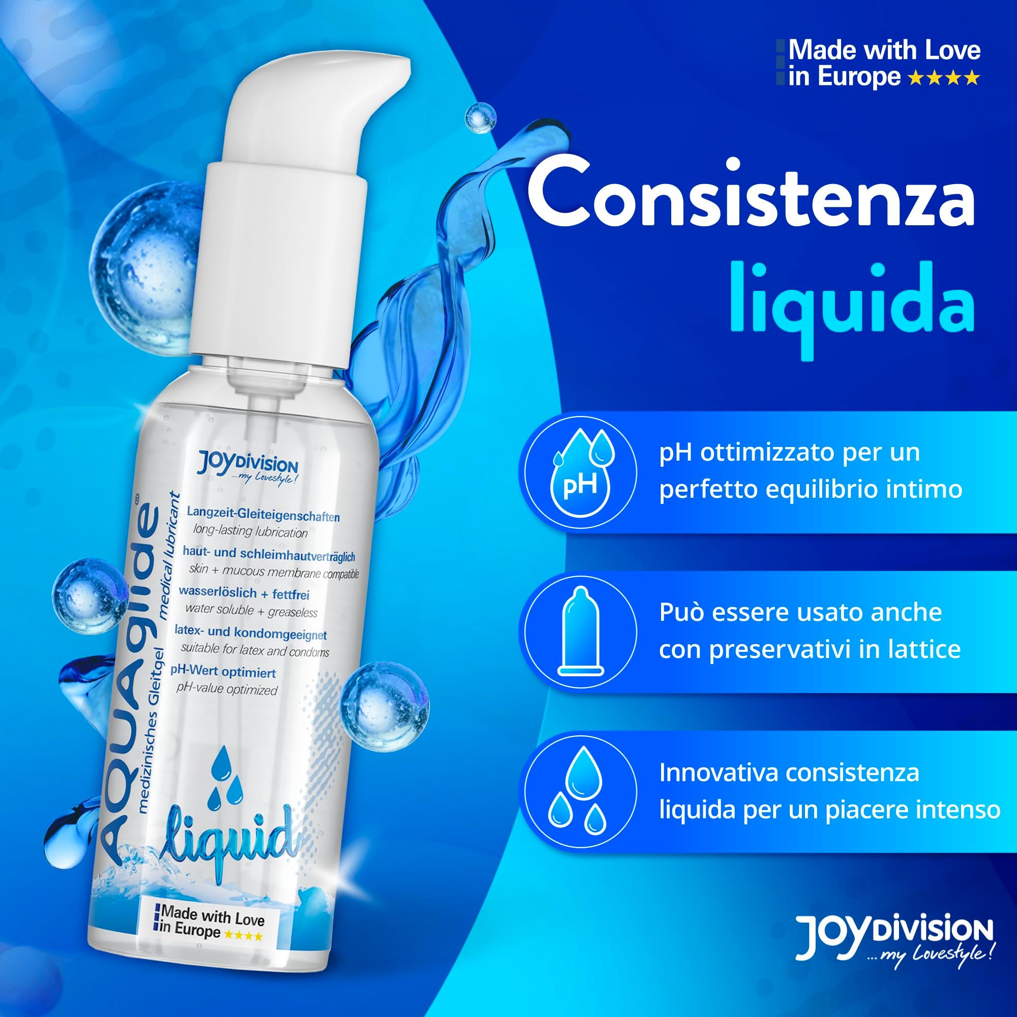 AQUAGLIDE Liquid Gleitmittel. Flüssige Konsistenz, pH-optimiert, kondomverträglich.