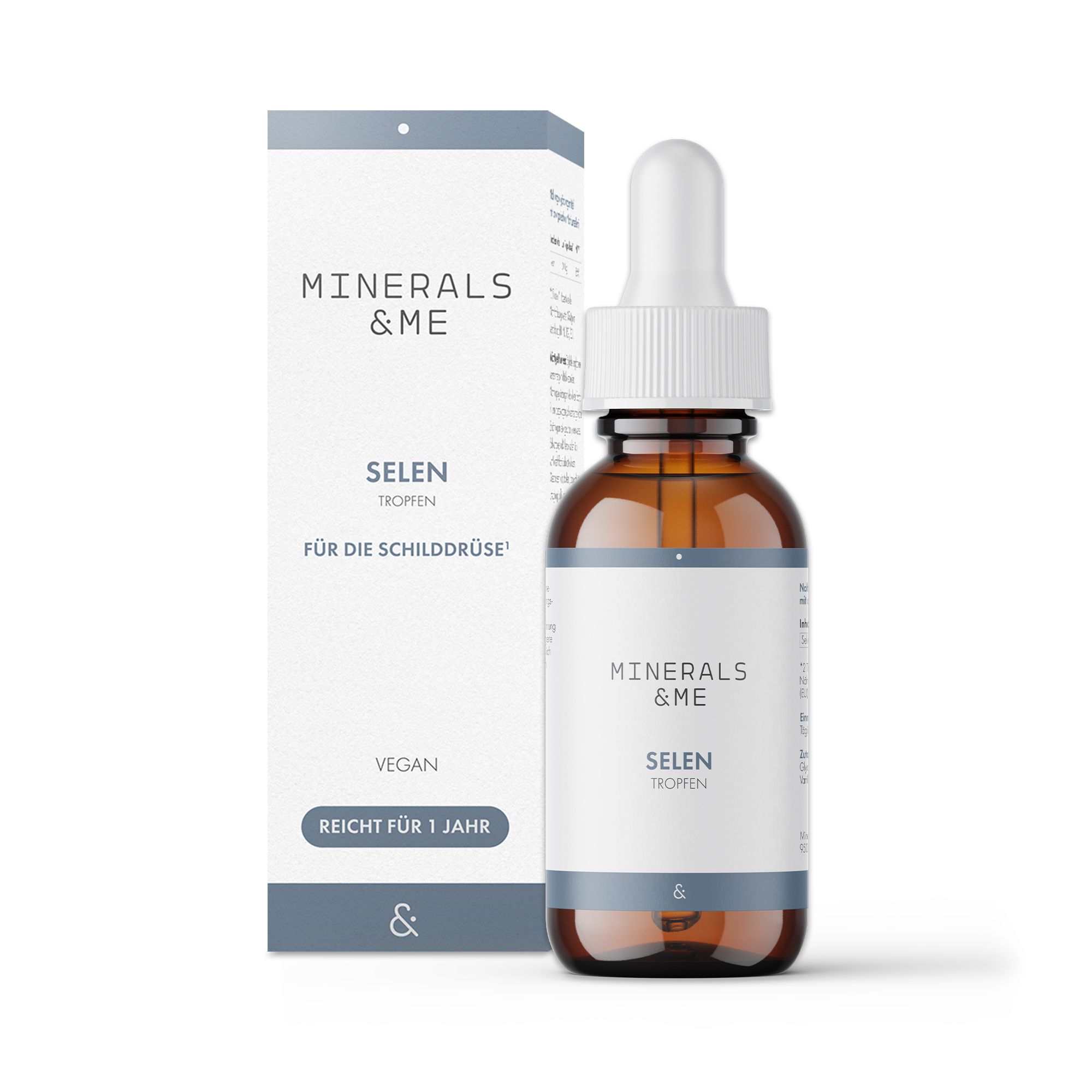 Braune Glasflasche mit Pipette und Karton. Aufschrift: MINERALS & ME, Selen Tropfen. Für die Schilddrüse. Vegan.