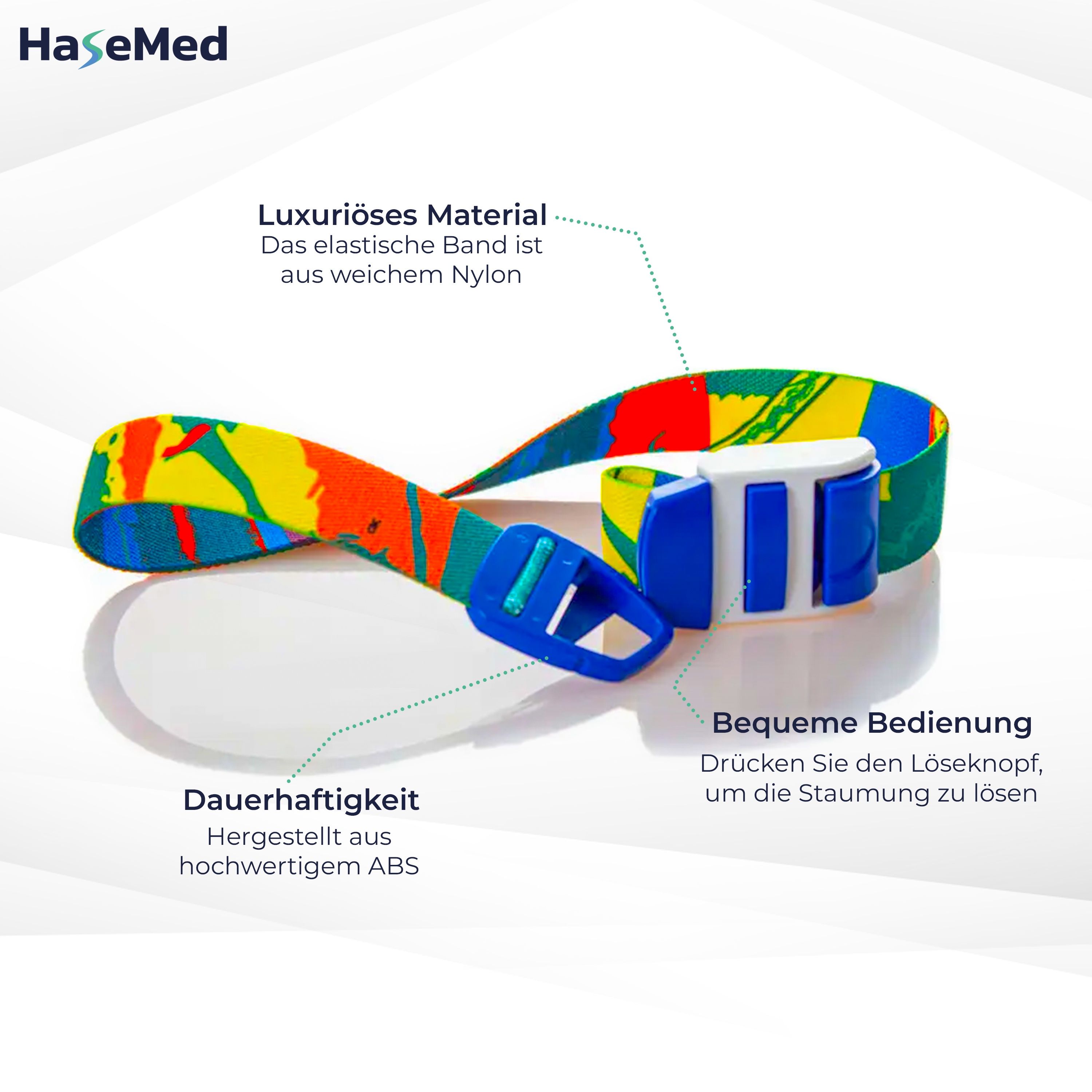 Venenstaugerät mit farbigem Band. Text: Luxuriöses Material, Bequeme Bedienung, Dauerhaftigkeit. Marke: HaseMed.