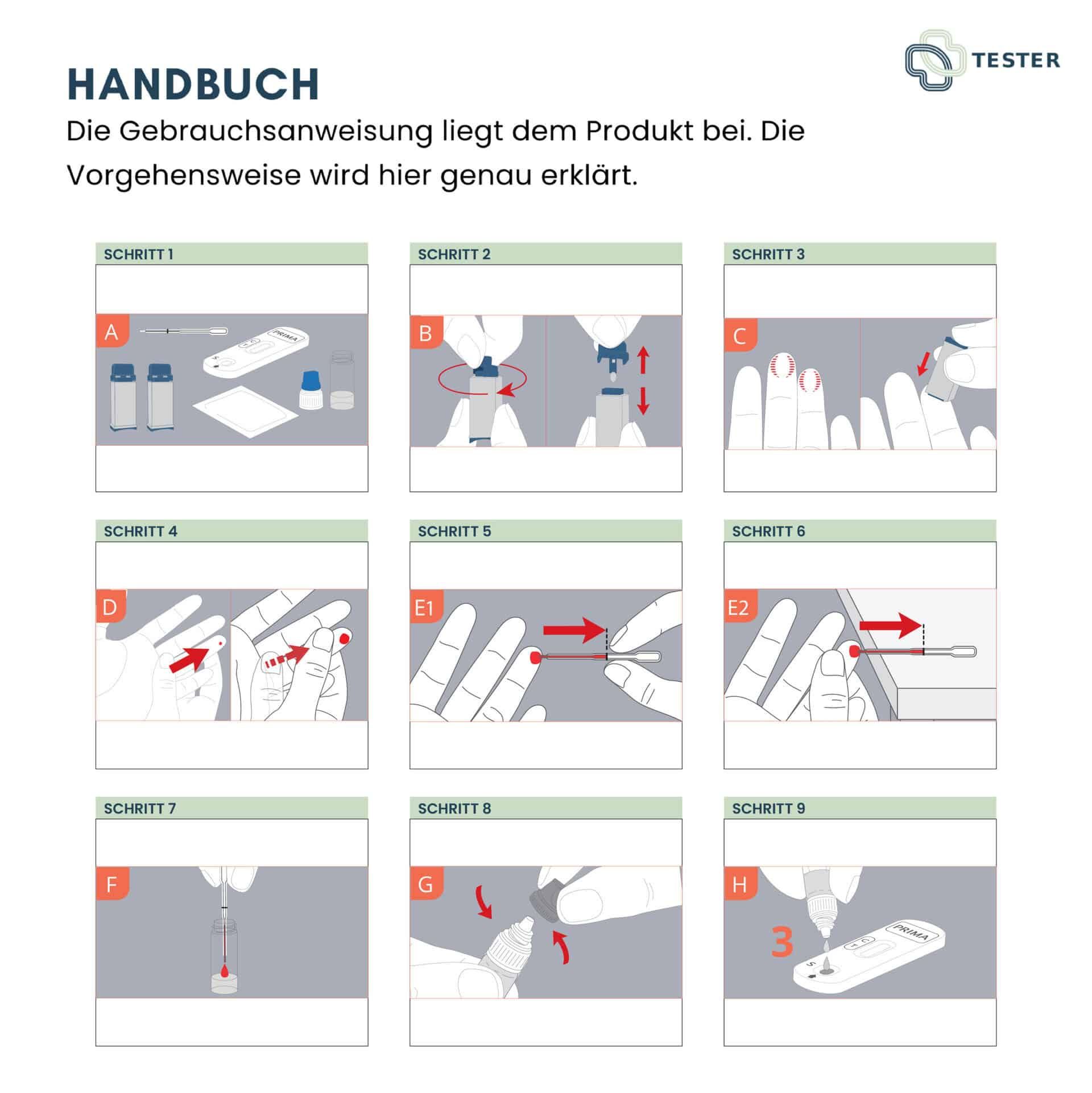 Handbuch mit 8 Schritten zur Anwendung eines medizinischen Tests. Zeigt Probenentnahme und Testdurchführung.