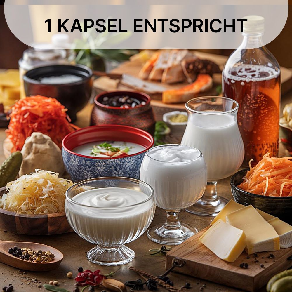 Verschiedene Lebensmittel: Sauerkraut, Milch, Joghurt, Käse, etc. 1 Kapsel entspricht diesen Lebensmitteln.