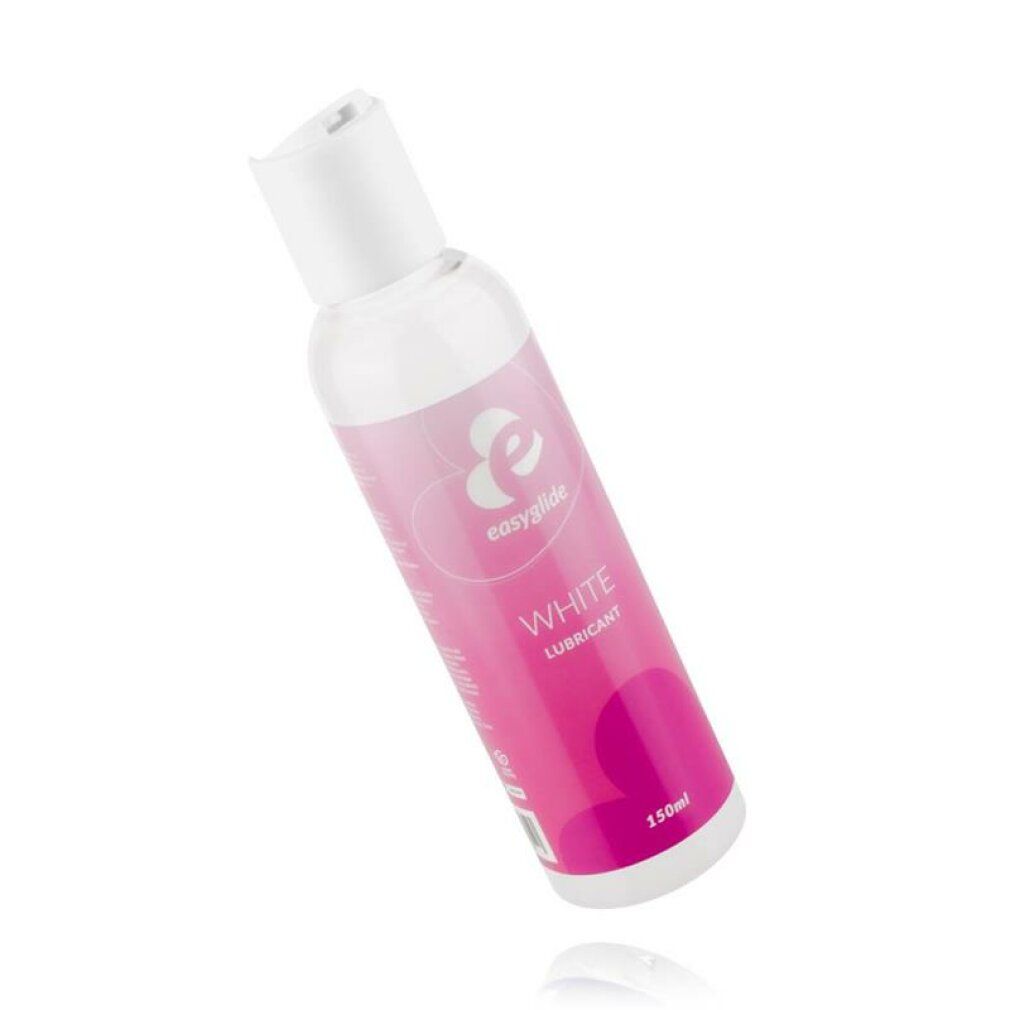 Transparente Flasche mit weißem Deckel. Rosa Etikett mit "easyglide", "WHITE LUBRICANT" und 150ml. Aufschrift.