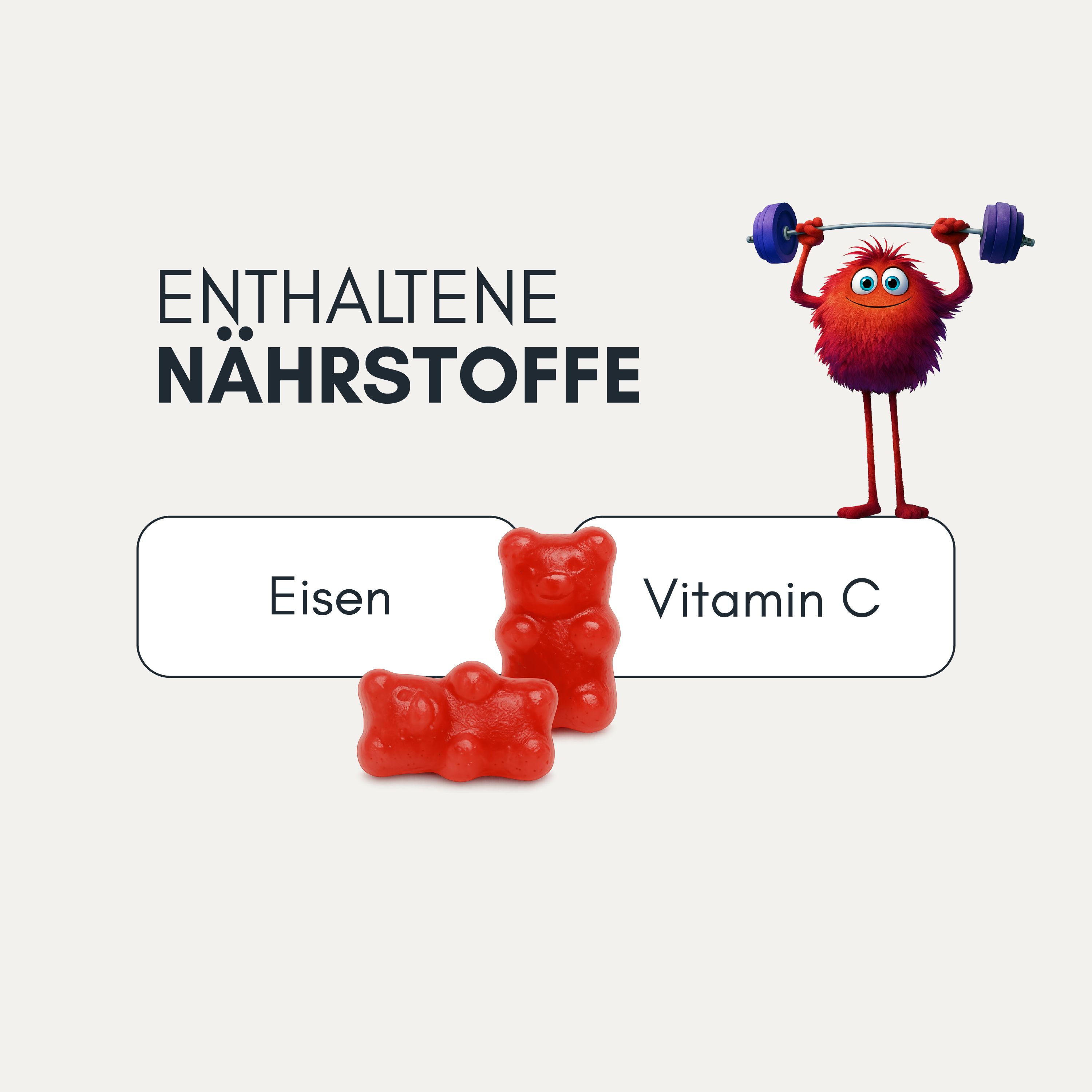 Zwei rote Gummibärchen mit der Kennzeichnung 'Eisen' und 'Vitamin C'.