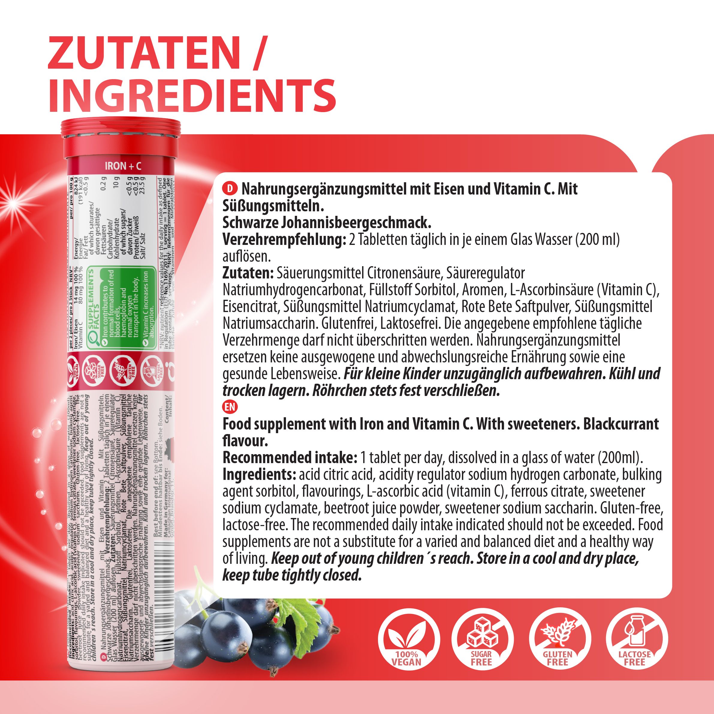 Produktverpackung mit Zutatenliste. Enthält Informationen zu Inhaltsstoffen und empfohlener Tagesdosis.