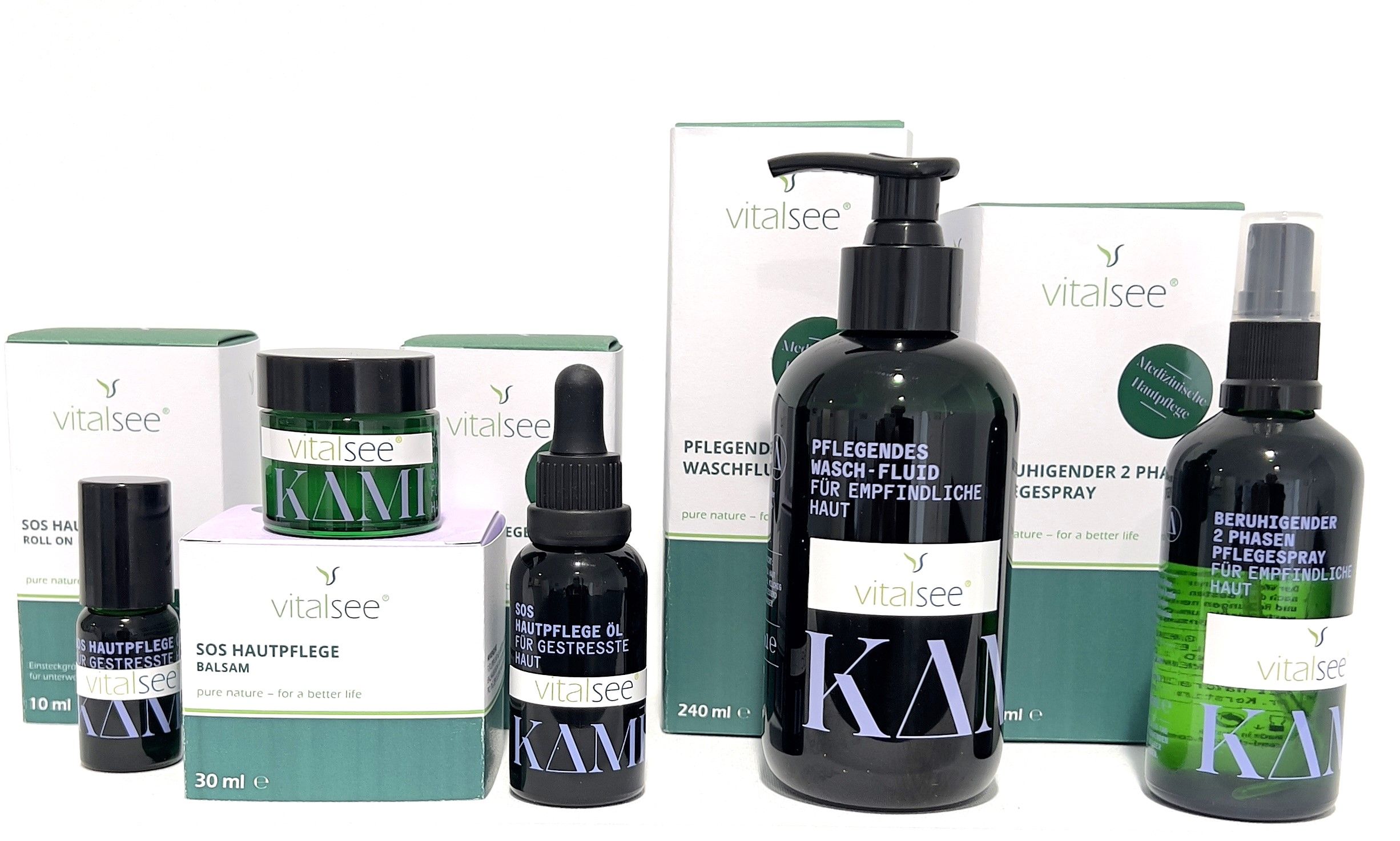 Verschiedene vitalsee Produkte: Balsam, Wasch-Fluid, Spray, Öl.