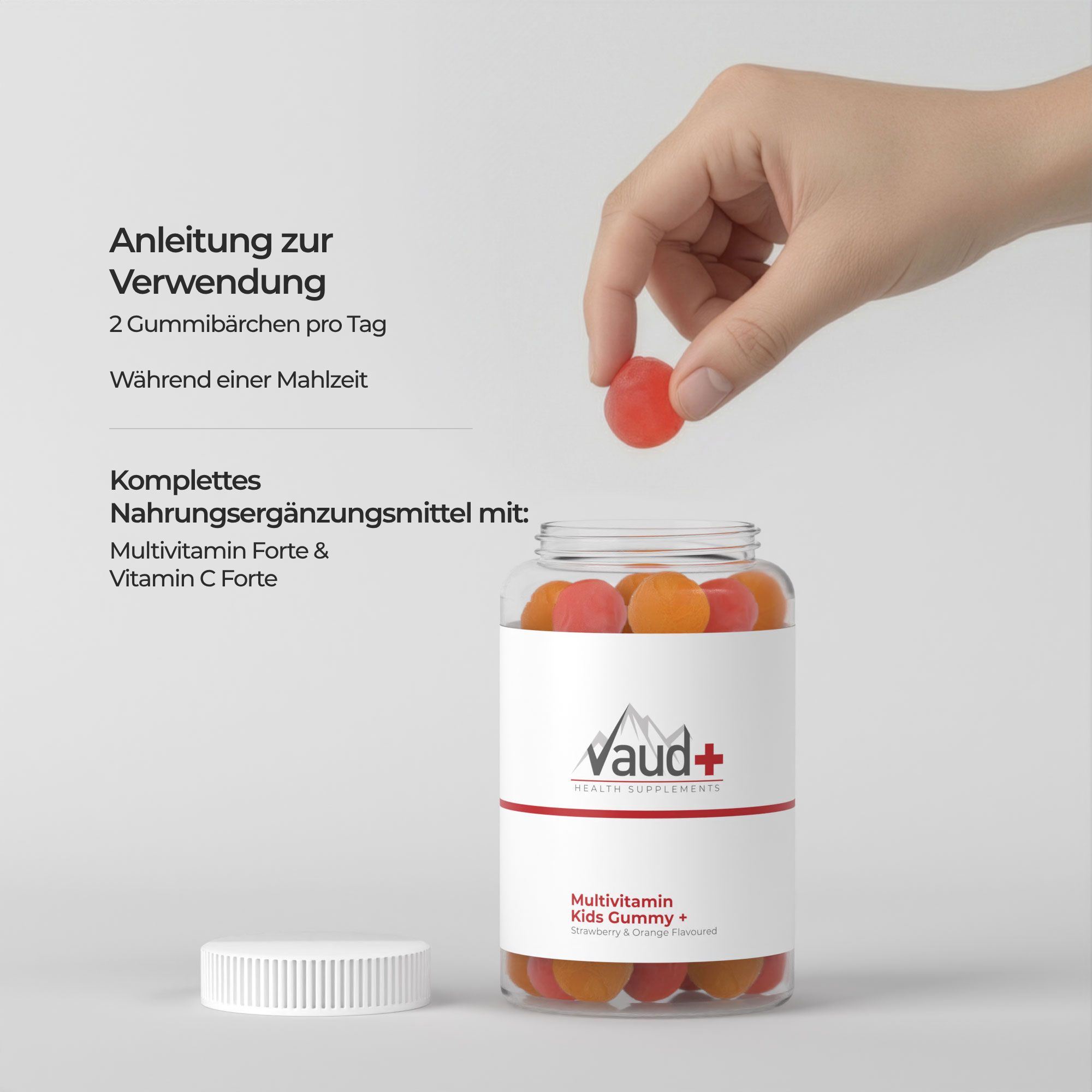 Hand nimmt Gummibärchen aus Glasflasche. Text: 2 Gummibärchen pro Tag. Multivitamin Forte & Vitamin C Forte.