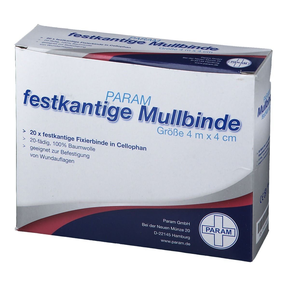 PARAM Mullbinde, festkantige Fixierbinde in Cellophan, Größe 4 m x 4 cm. Verpackung mit 20 Stück. 100% Baumwolle.