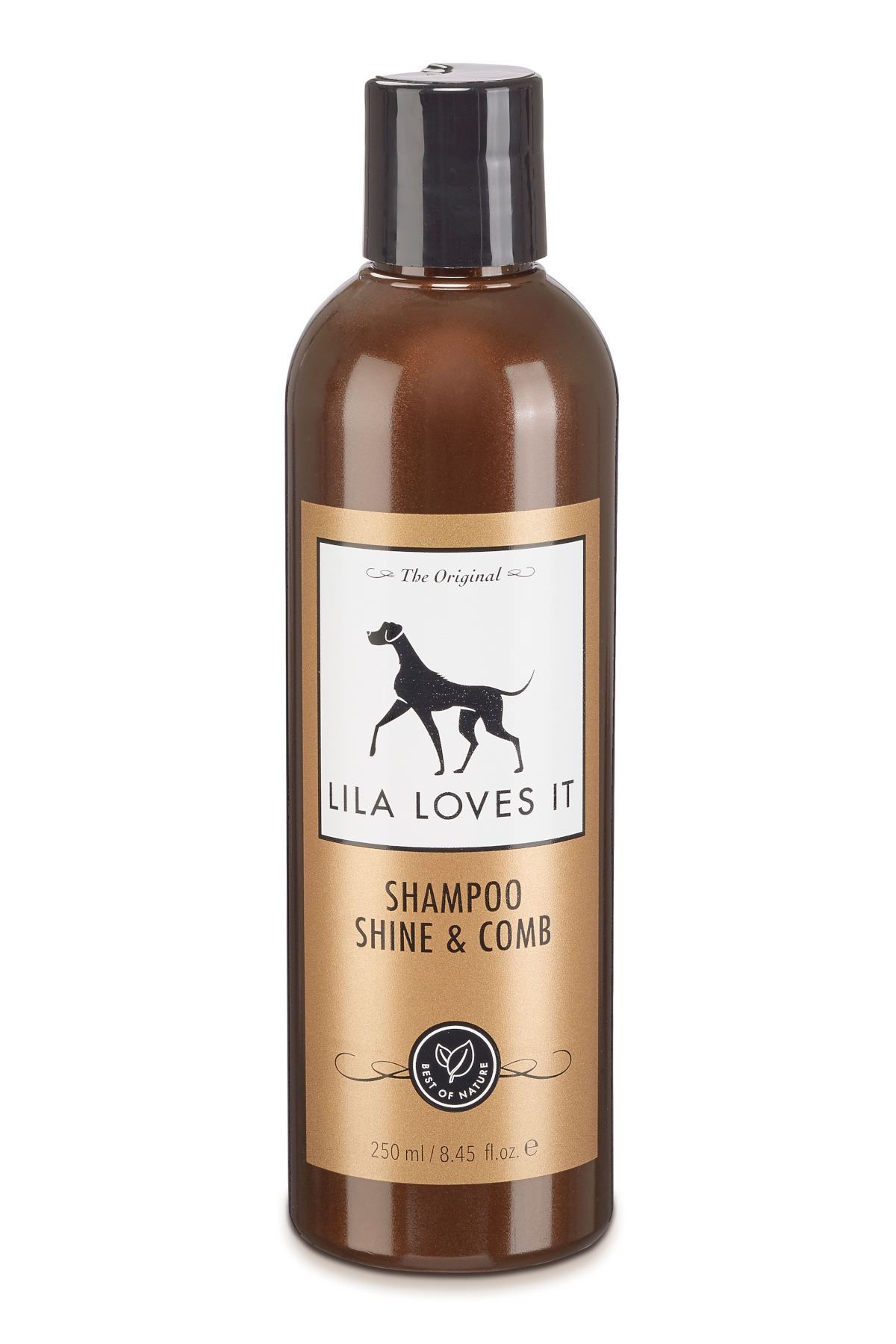 Braune Shampoo-Flasche mit schwarzem Deckel. Auf dem Etikett: Logo mit Hund, "LILA LOVES IT", "SHAMPOO SHINE & COMB".
