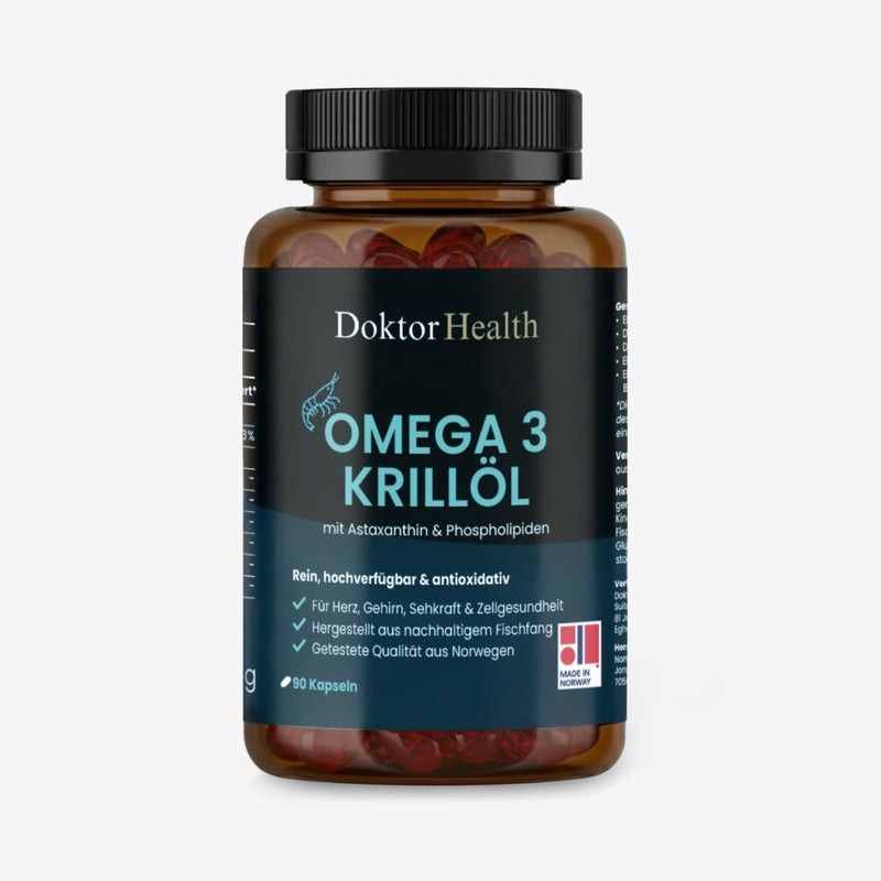 Braune Flasche Omega-3 Krillöl mit roten Kapseln. Aufschrift: Doktor Health, Omega 3 Krillöl. 90 Kapseln.