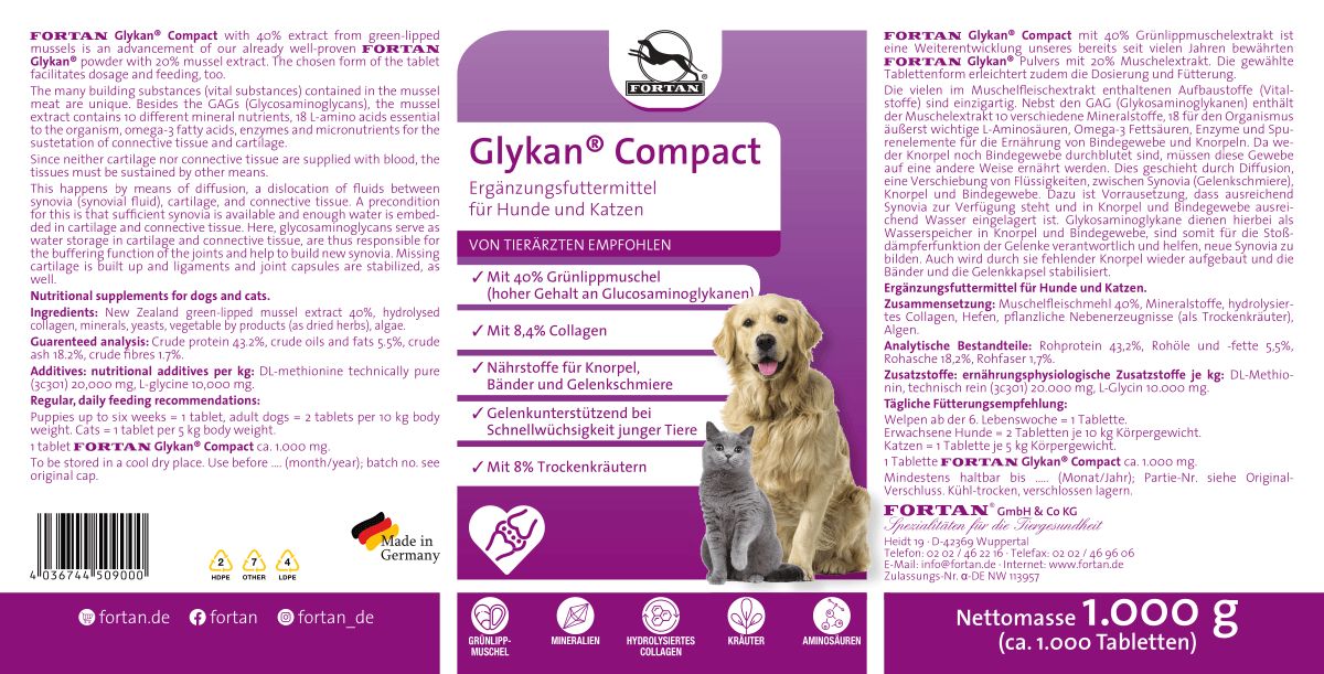 Produktverpackung mit Text: Glykan Compact, Ergänzungsfuttermittel für Hunde & Katzen. Abbildung von Hund und Katze. Grünlippmuschel-Extrakt.
