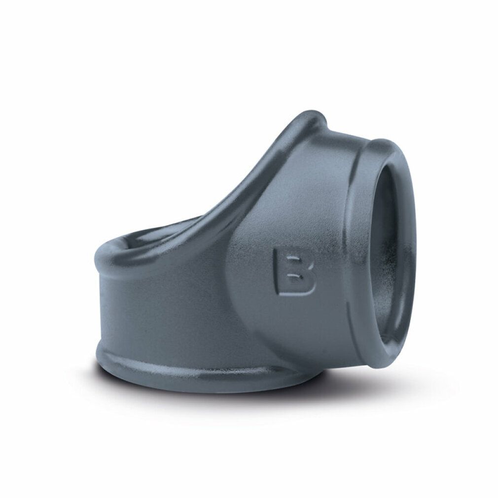 Graues Cocksling mit 'B' Logo. Geformt für Komfort. Aus einem Winkel gezeigt.