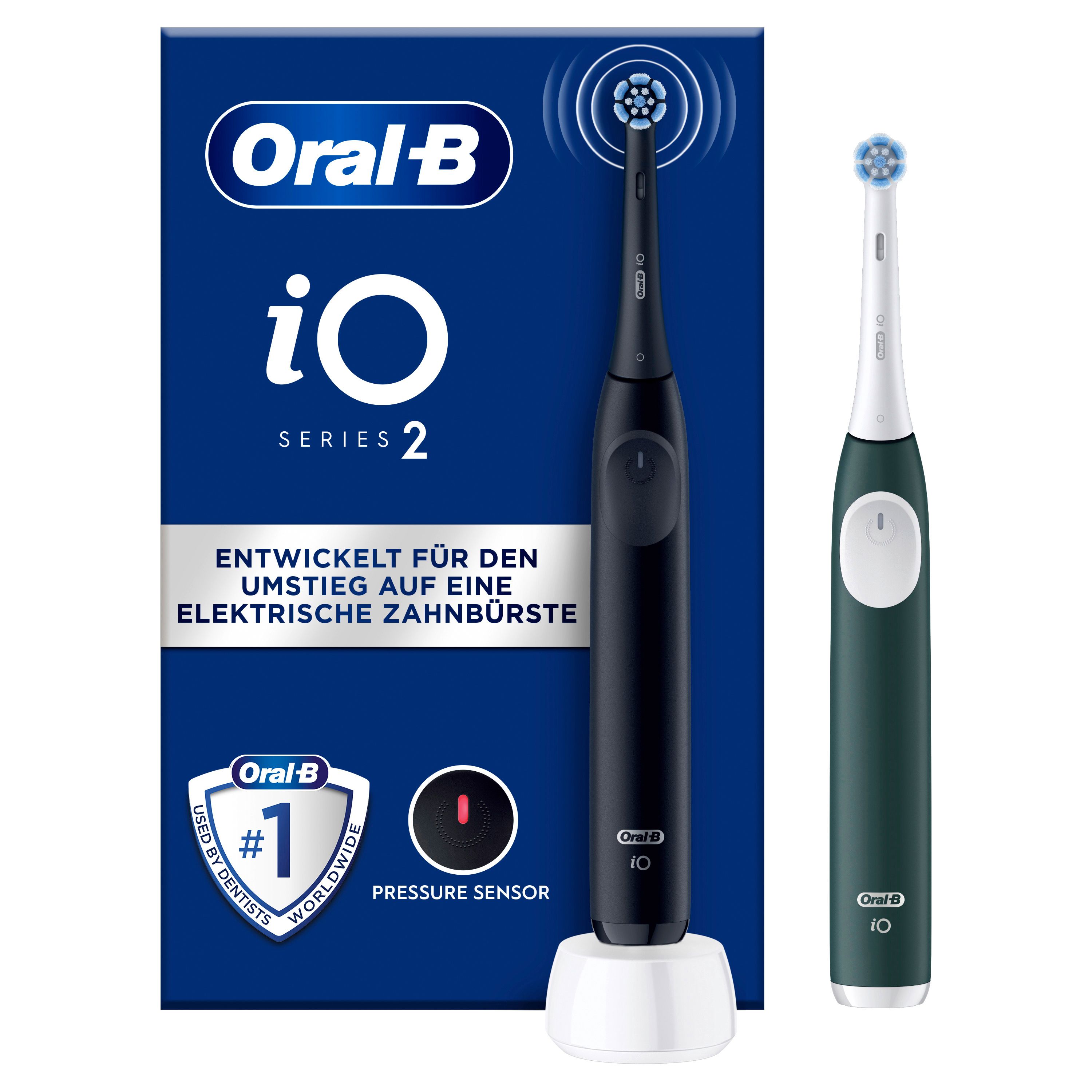 Zwei elektrische Zahnbürsten, schwarz und grün, mit Ladestation und Verpackung. Oral-B iO Series 2.